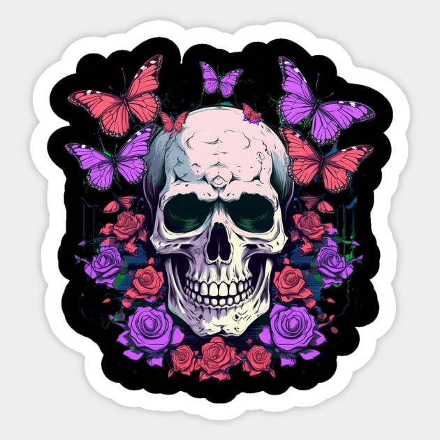 Psychedelic Neon Skull with Roses and Butterflies Sticker by TOKEBI
